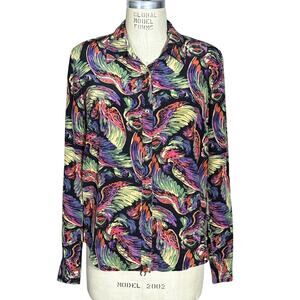 True Religion Womens Angel Wings Printed Silk Shirt Button Up Size Medium